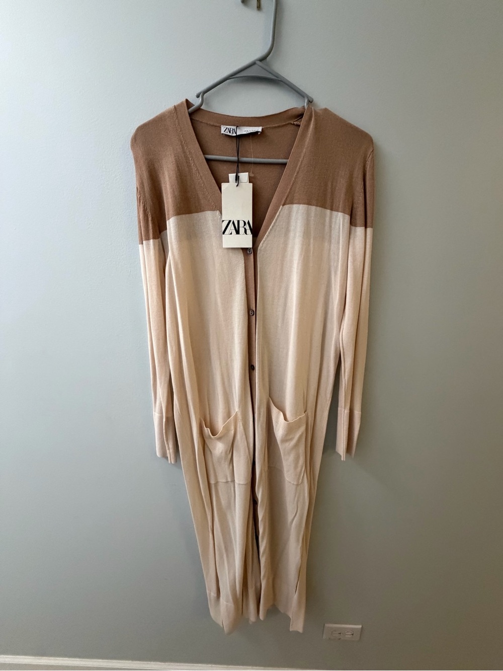 Zara Two-Tone Long Cardigan Dress in Tan and Cream